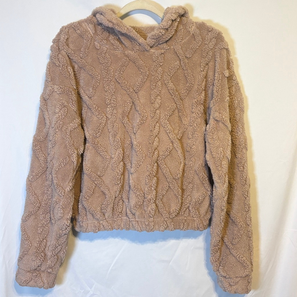 Cozy Textured Sherpa Hoodie Fuzzy Cable Knit Plush Pullover Taupe Neutral